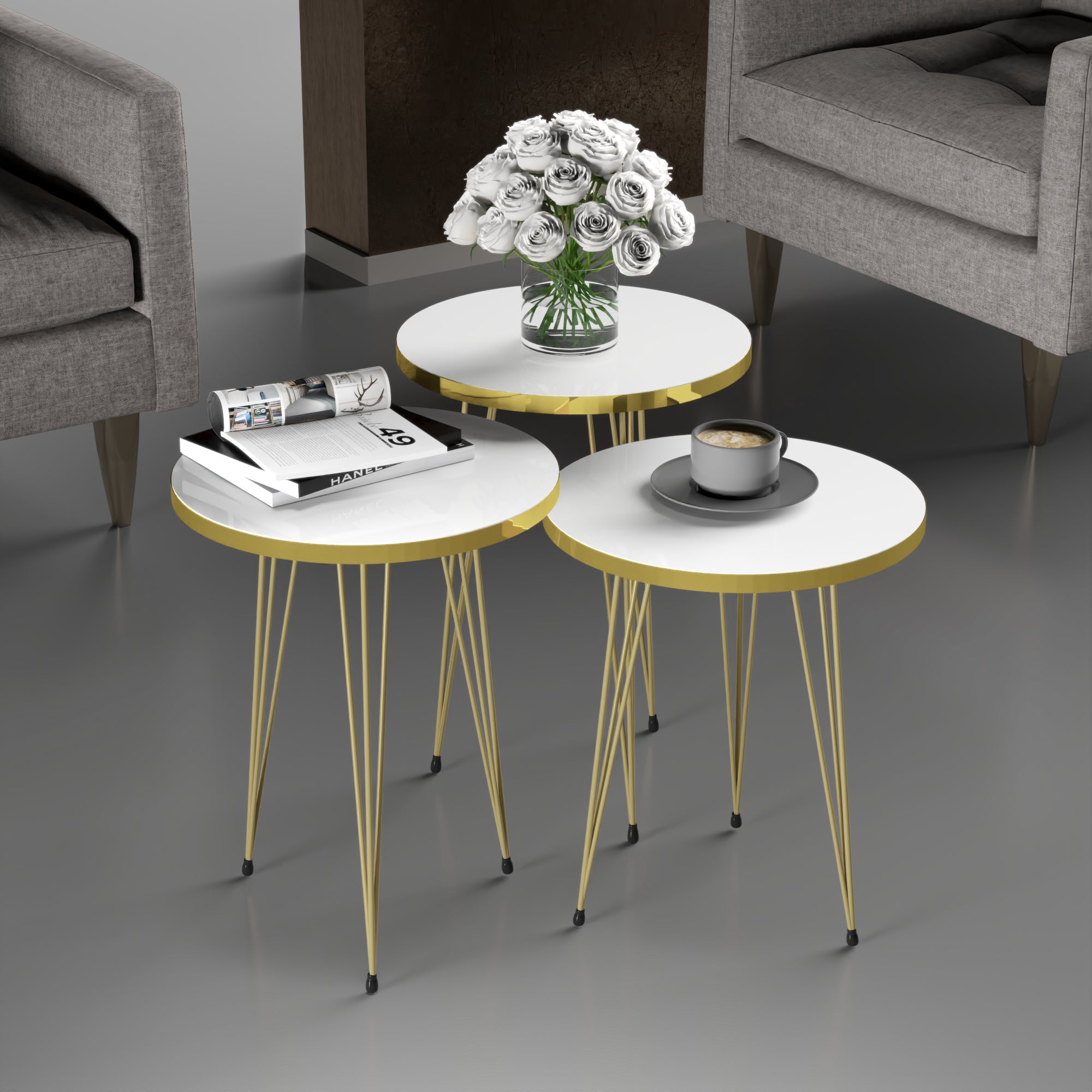 [en.casa] Set De 3 Tables D’Appoint Rondes Gigognes – Style Scandinave Élégant Blanc/Gris/Rose, Pieds En Bois Hêtre Naturel, Salon & Chambre