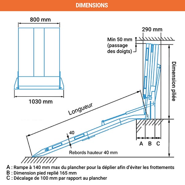 Rampe de chargement fixe - Longueur 2200mm / Largeur 1030mm - Charge max 450kg - Hauteur à franchir de 545mm - Vendue à l'unité - RRK11 - 2