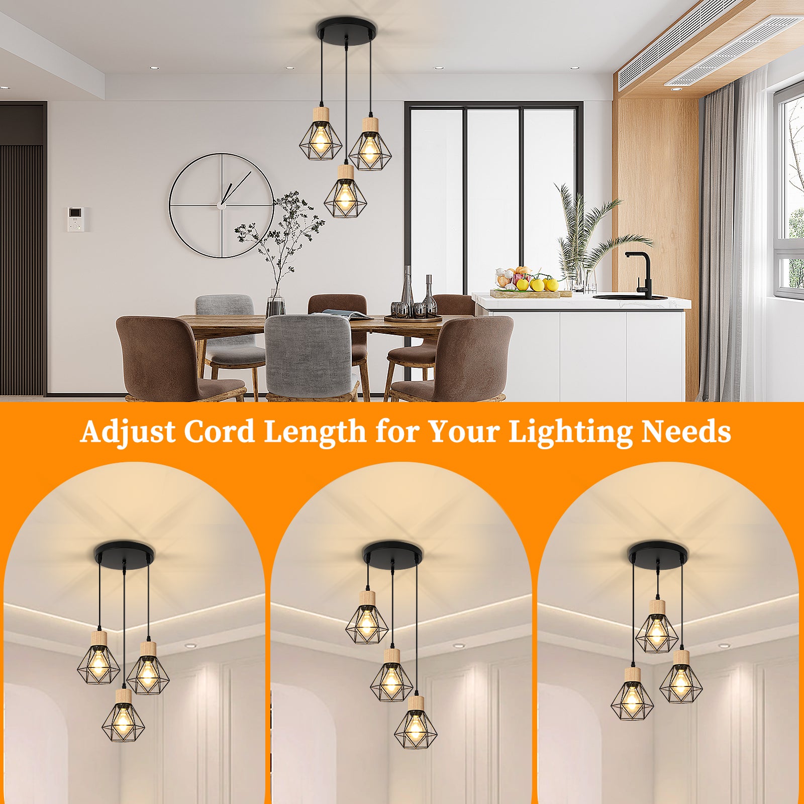 GOECO Lustre Suspension en Diamant, Noir - 3 Têtes, Châssis Rond 30 CM, fil 1m(Réglable), Base E27(sans Ampoule) - 9