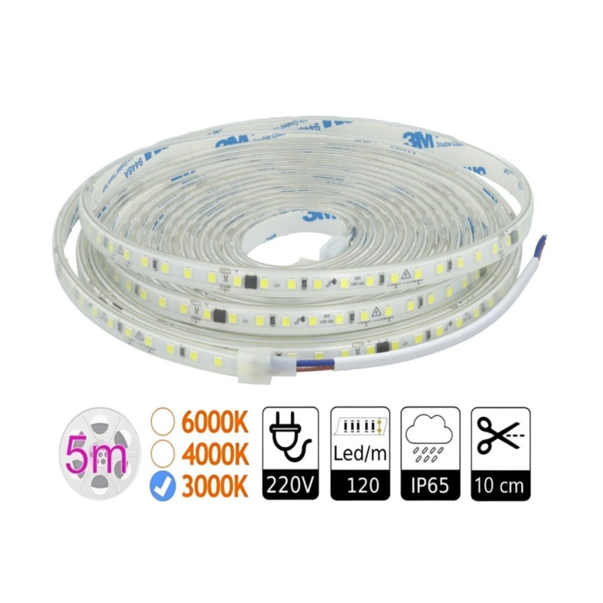 Taśma LED 220 V bez konieczności stosowania prostownika. Długość 10 cm, 12 W/m, 3000 K, szpula 5 m, IP65.