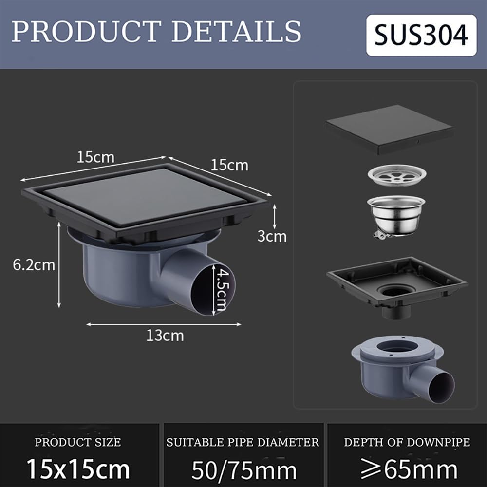 Odpływ prysznicowy kwadratowy - 15 x 15 cm - 360° - Dezodorant, niewidoczny odpływ podłogowy, podwójny filtr, możliwość łączenia z płytkami - czarny - 3