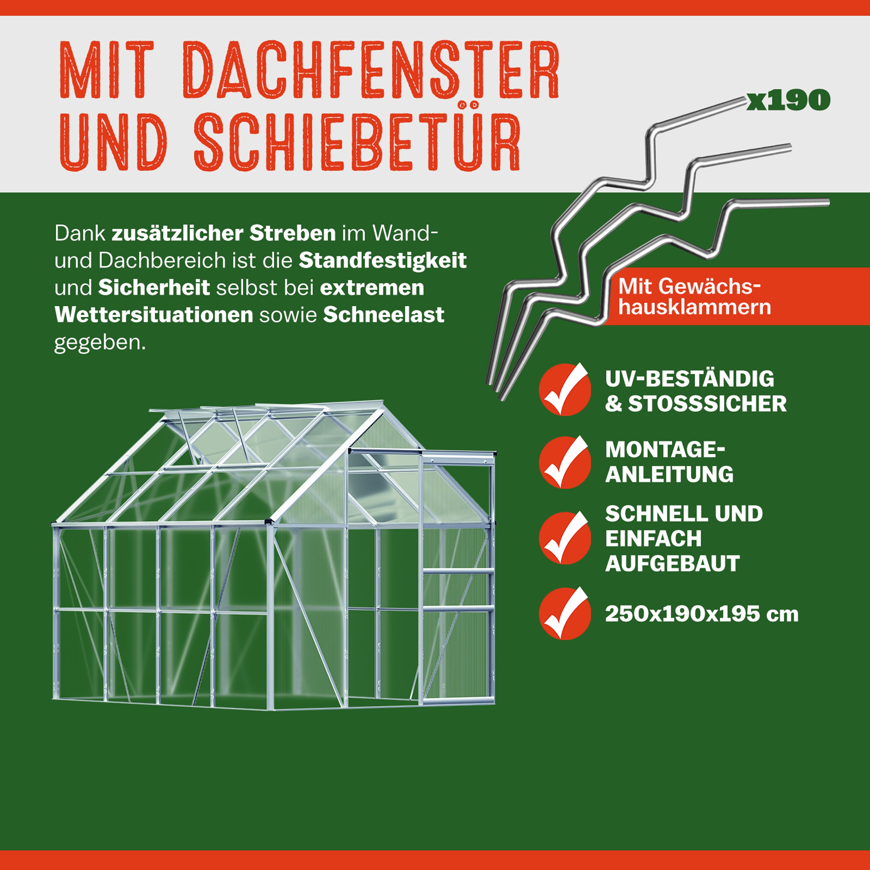 Serre de jardin en aluminium 7,63m³ abri extérieur pour plantes légumes 250x190x195cm avec fenêtres - 4