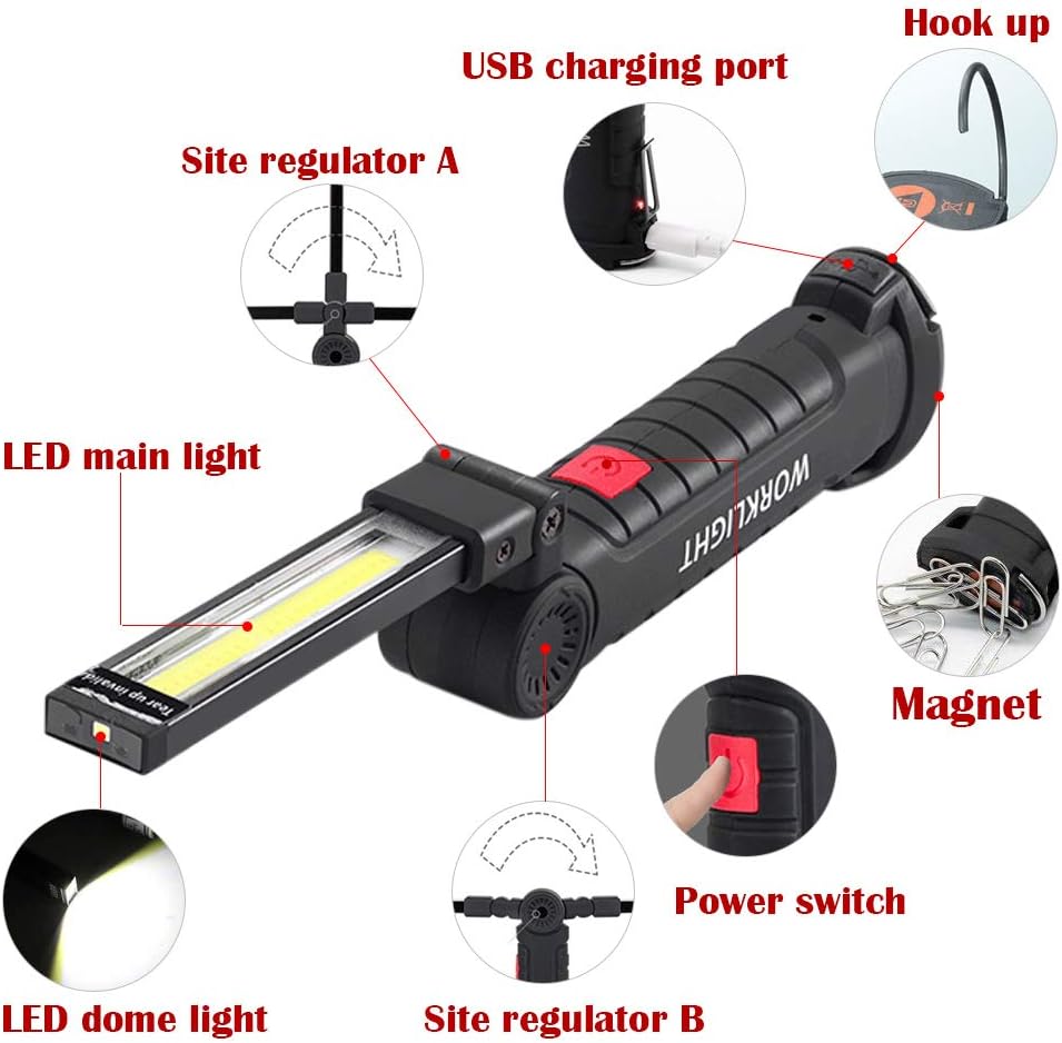 Lampe de travail COB rechargeable, lampe torche d'atelier, base magnétique, 5 modes d'éclairage - 2
