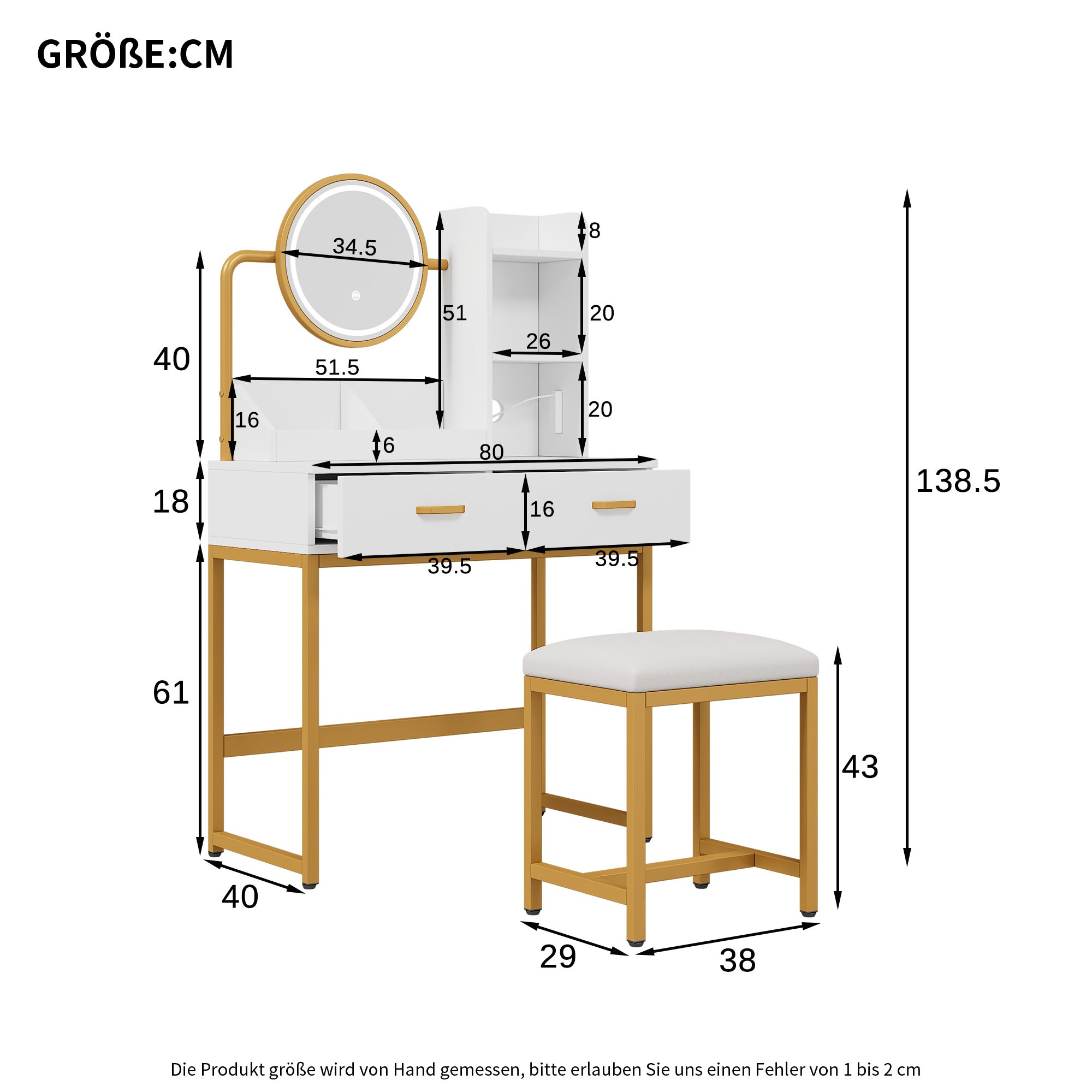 Coiffeuse moderne avec miroir pivotant, 2 tiroirs et tabouret - 80 x 40 x 138.5 cm - Panneaux de particules - Prises électriques - Blanc - 2