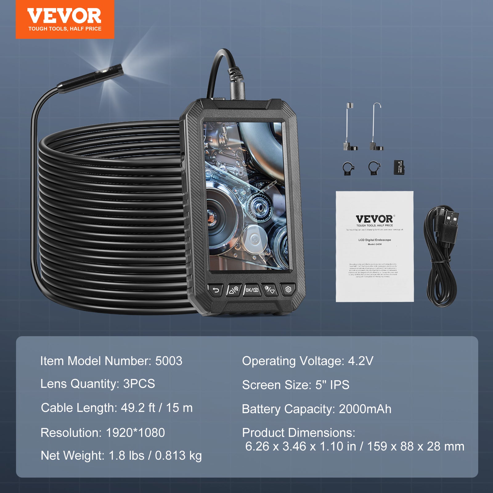 Endoscopio VEVOR Tripla Lente con Luce LED, Schermo IPS 5