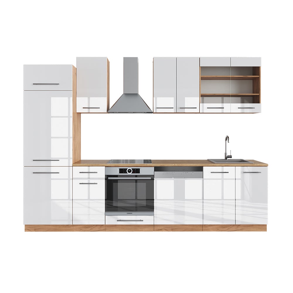 Cuisine Intégrée Fame-Line 235cm - Chêne Blanc Brillant - Vicco - Neuve