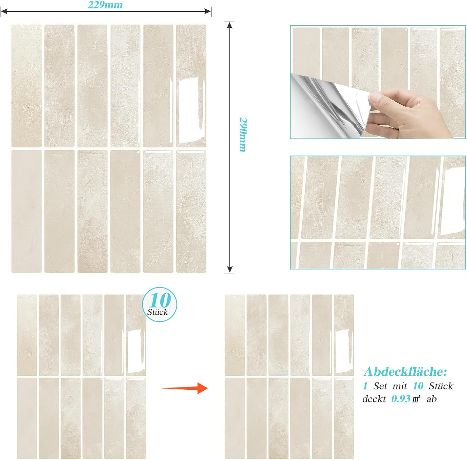 10 Pièces (K-beige-22.9x29CM) Credence Adhesive pour Cuisine Bain, 3D Dalle PVC Adhesive Murale, Sticker Carrelage Autocollant Mural, Carrelage Adhes - 2