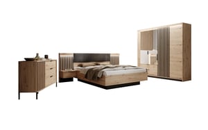 Camera Da Letto Matrimoniale Completa - Letto, Armadio 2 Ante, Comodini, Comò E Specchio - Cemento Scuro E Quercia Dorata - Foto 7