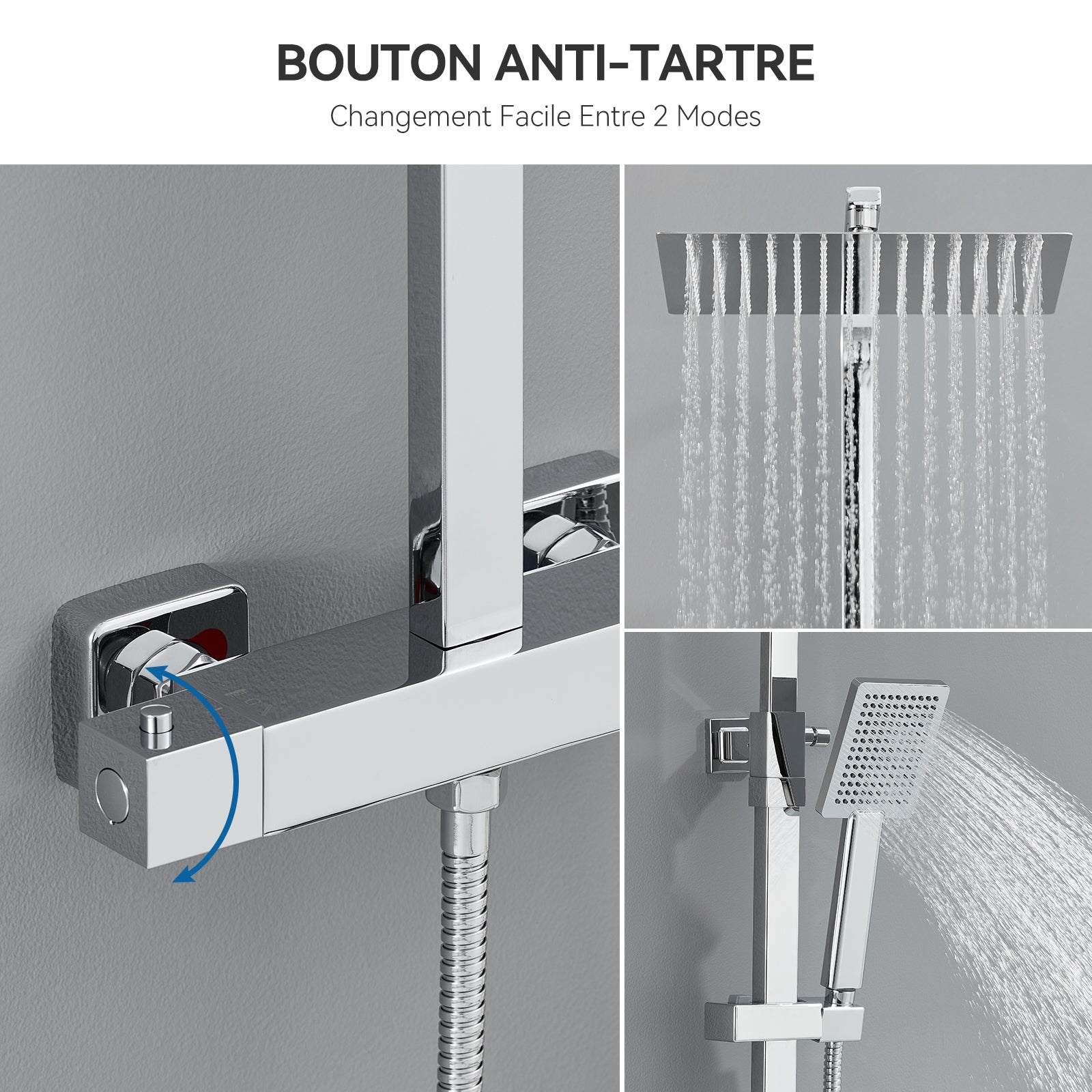 Colonne Douche Thermostatique 2 Fonctions Ensemble Douche Thermostat,Tête douche 12 pouces,Système Douche, Hauteur Réglable 96-130cm,Chromé - 2