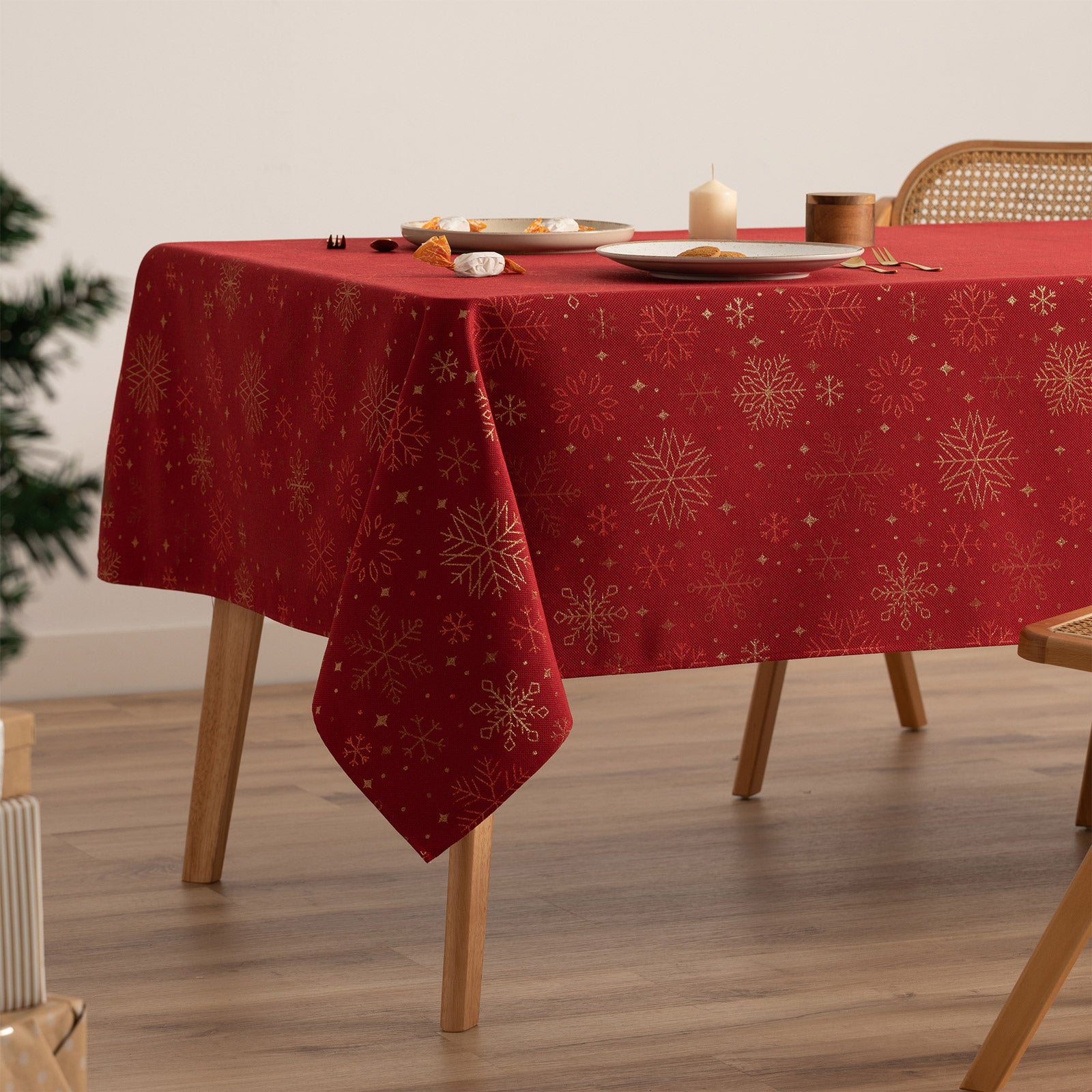 Mantel navidad algodón rectangular jacquard snowflake rojo 140x100 cm - sparkle