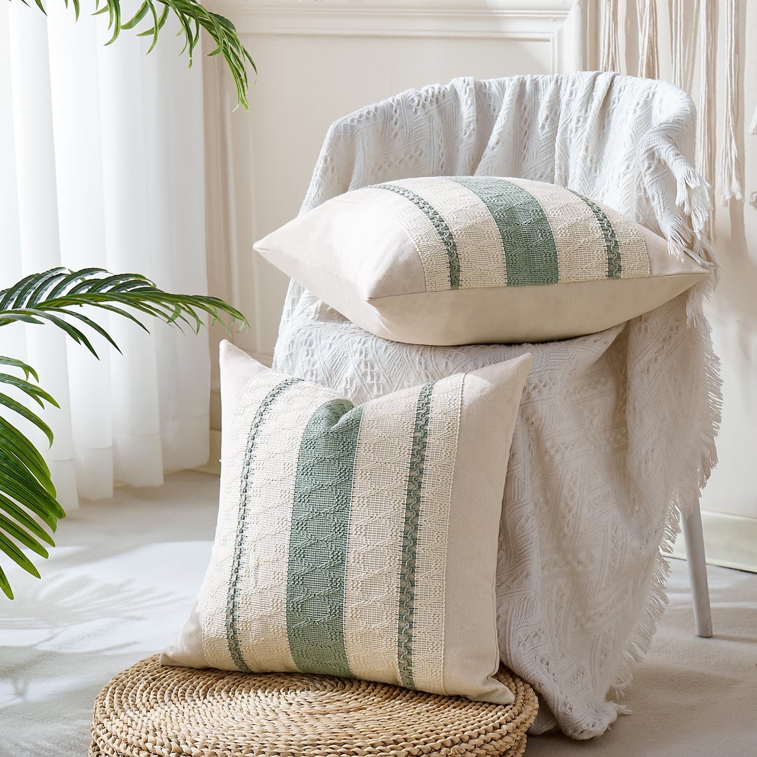 Housse Coussin 40x40 Vert Sauge Bohème Texturée à Rayures Tissées Décoratives Moderne Boho Housse de pour Maison Salon Chambre Décoration Lot de 2 - 3