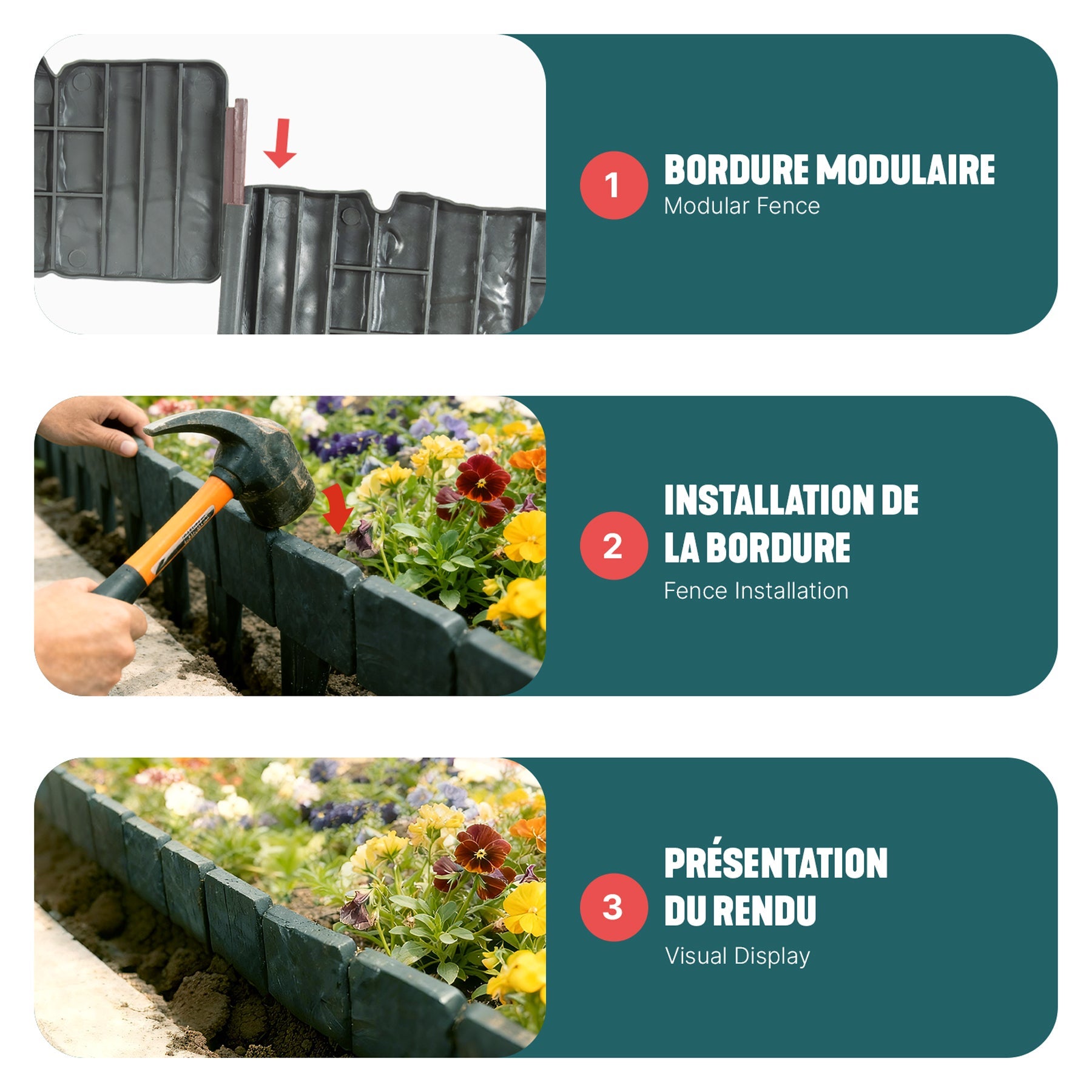 Bordure de jardin imitation pierre 2.5m gris - hauteur 23cm - clôture gazon décorative en PP - lot de 10 - VOUNOT® - 5