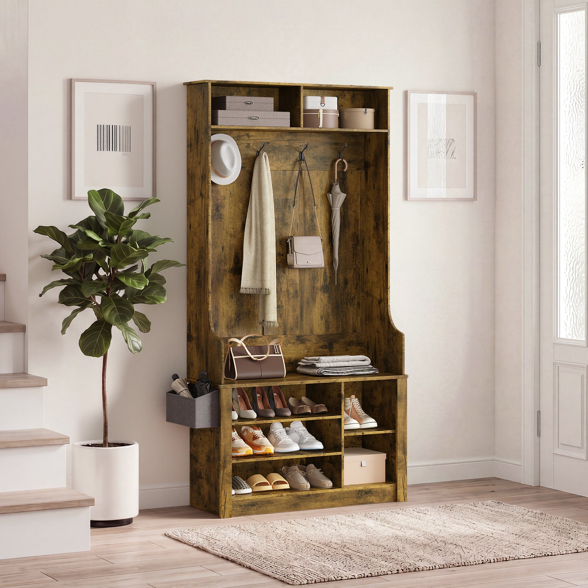 Meuble d'entrée multifonction,portemanteau avec patère et étagères à chaussures,88 x 30 x 183 cm,style industriel - 7