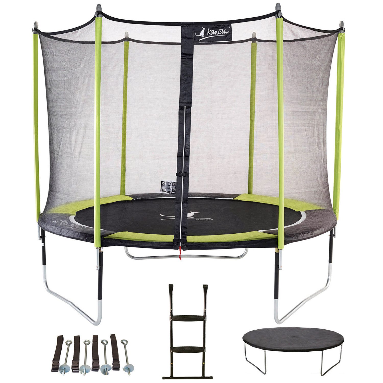 Kangui Trampolino Da Giardino Con Rete Di Sicurezza JUMPI – Diametri 250-430 Cm – Struttura In Acciaio Zincato, Molle Coniche, Tappeto Rinforzato (Verde/Nero)
