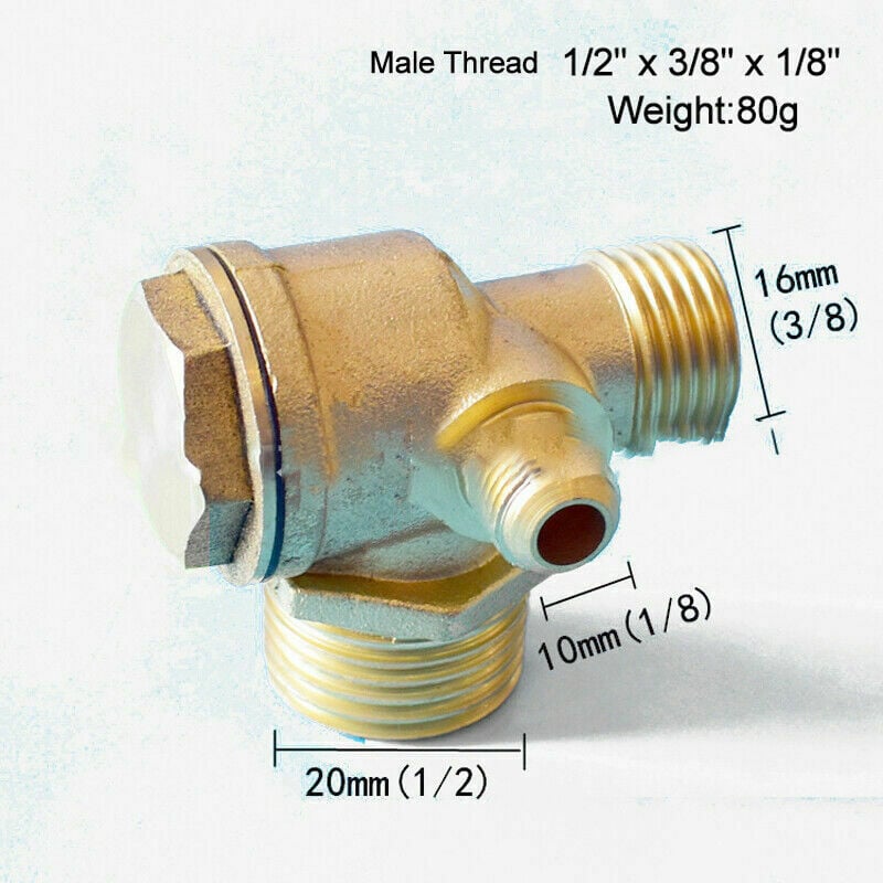 Zawór zwrotny sprężarki powietrza – Mosiężny zawór 1/2"x3/8"x1/8" gwintowany, zwrotny zawór pompy tłokowej