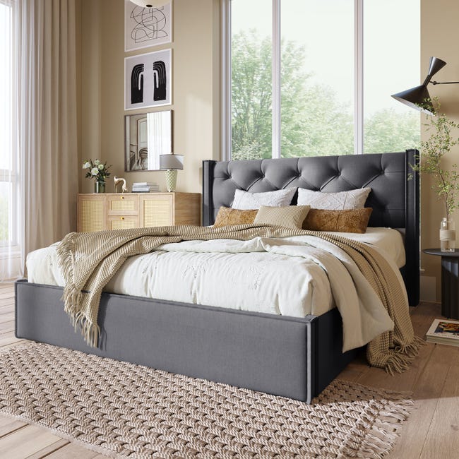 Struttura Letto Matrimoniale In Metallo Con Contenitore - 135x190cm, Altezza 27cm, Nero - Senza Cigolii - Foto 10