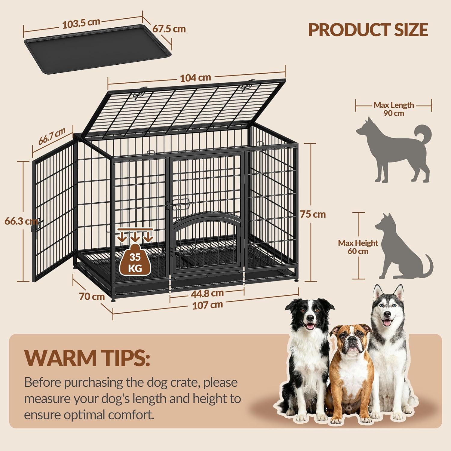 Caixa de Transporte Reforçada para Cães, Gaiola Metálica XL com Porta Lateral e Tabuleiro Removível, Fácil de Limpar, Caixa para Animais, Preta - 5