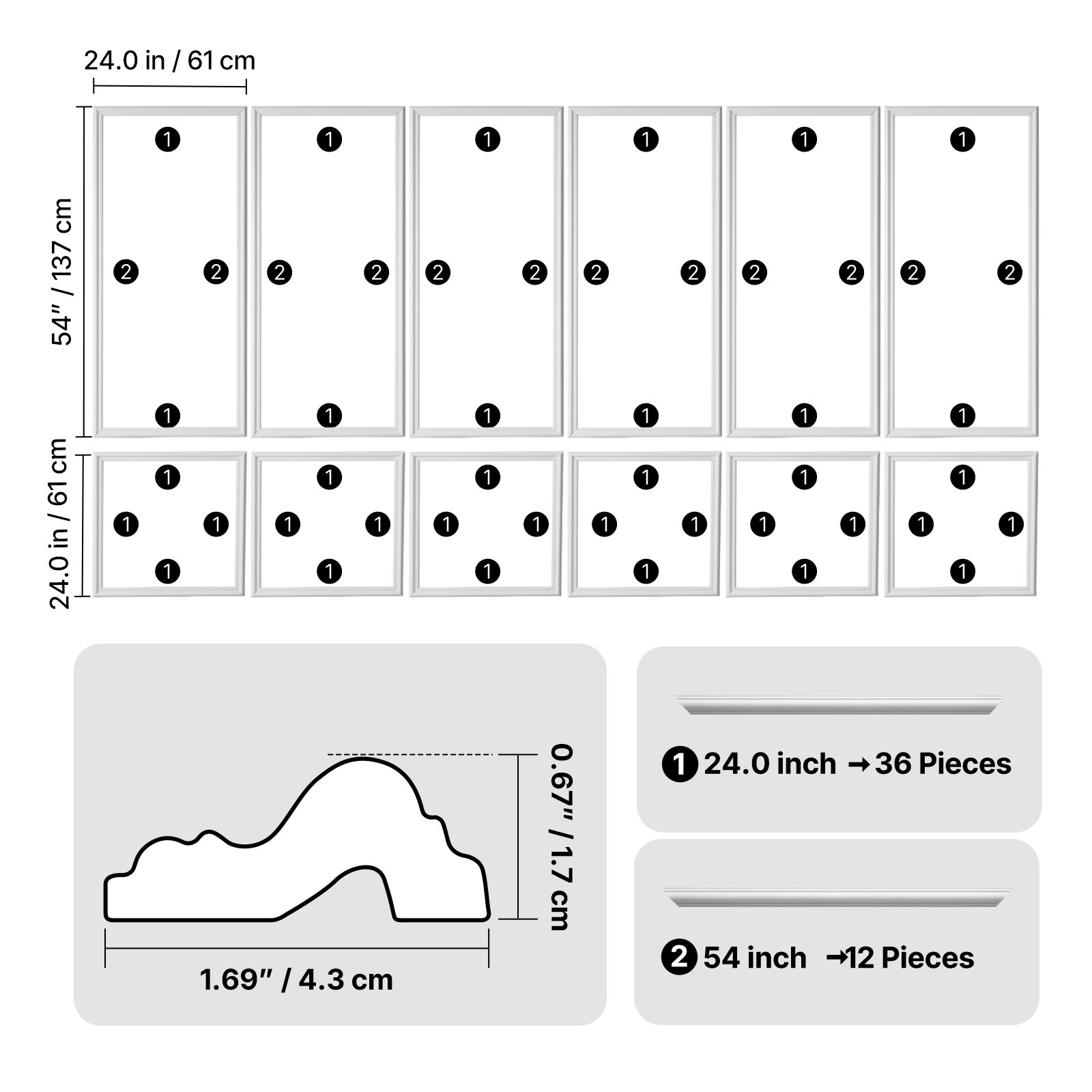 Kit de moulures murales SucceBuy predecoupees 6 pieces, cadres decoratifs muraux de 61x137 cm et 61x61 cm pour embellir les murs interieurs du salon - 9