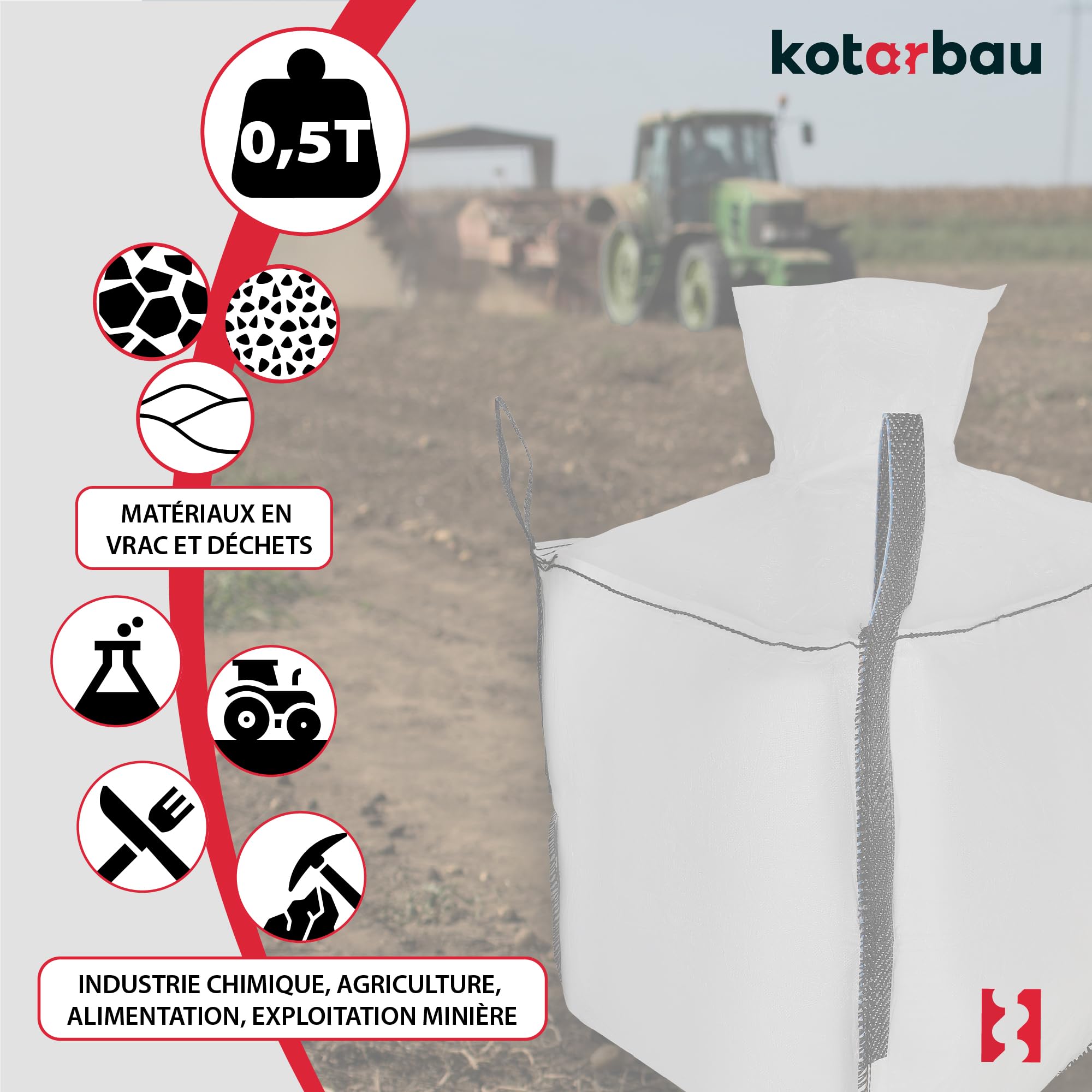 Sac Big Bag Vide, Sac Gravat Chantier 90 x 90 x 90 cm 500 kg avec trémie de vidange - KOTARBAU - 4