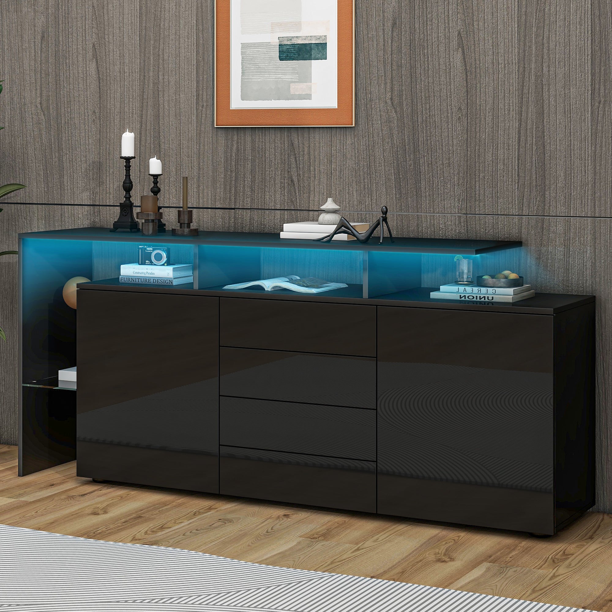 Komoda niska z 2 drzwiami i 4 szufladami - 160 x 35 x 70 cm - Diody LED - Płyta wiórowa - Czarny połysk