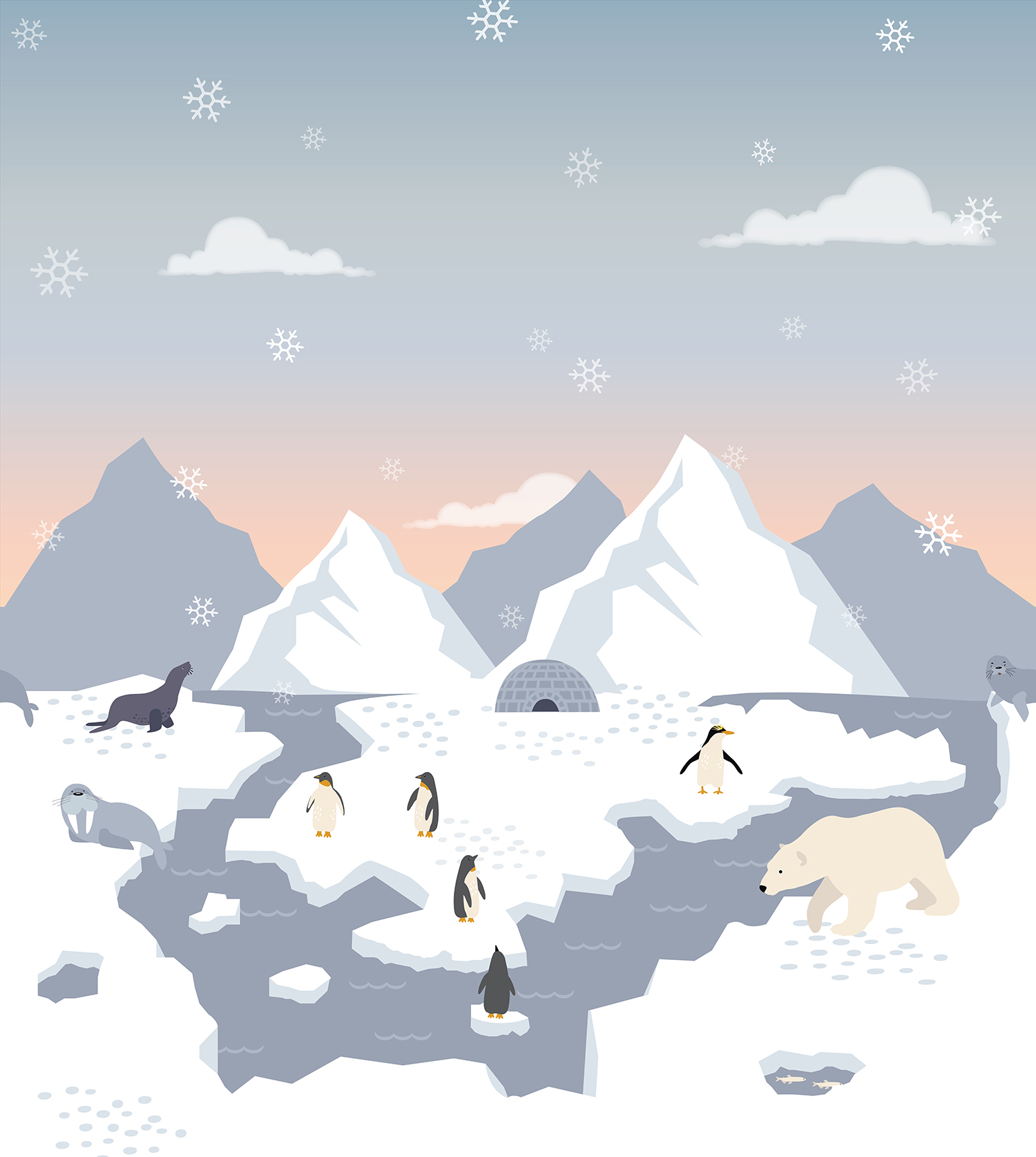 Fotomural osos polares, pingüinos y focas en la nieve azul y blanco - 2.5 x 2.79 m - estahome