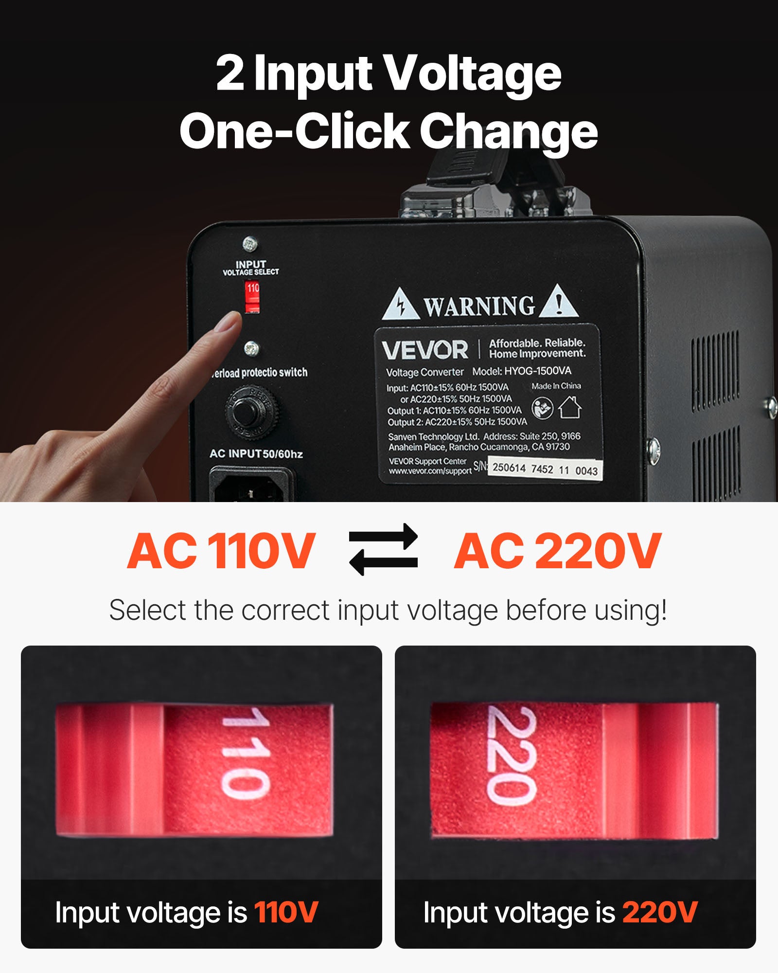 Transformador VEVOR 220V para 110V e 110V para 220V 1500VA com fichas EUA e UE, cabo de alimentação, proteção de disjuntor - 2