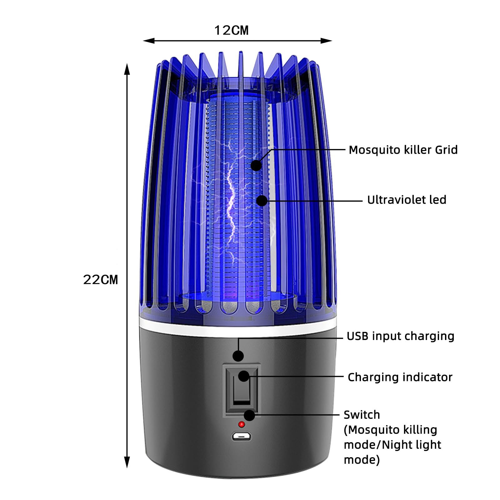 Lampada antizanzare, Lampada antizanzare UV a 360°, Lampada antizanzare elettrica 2 in 1 con Ricaricabile tramite USB - 2