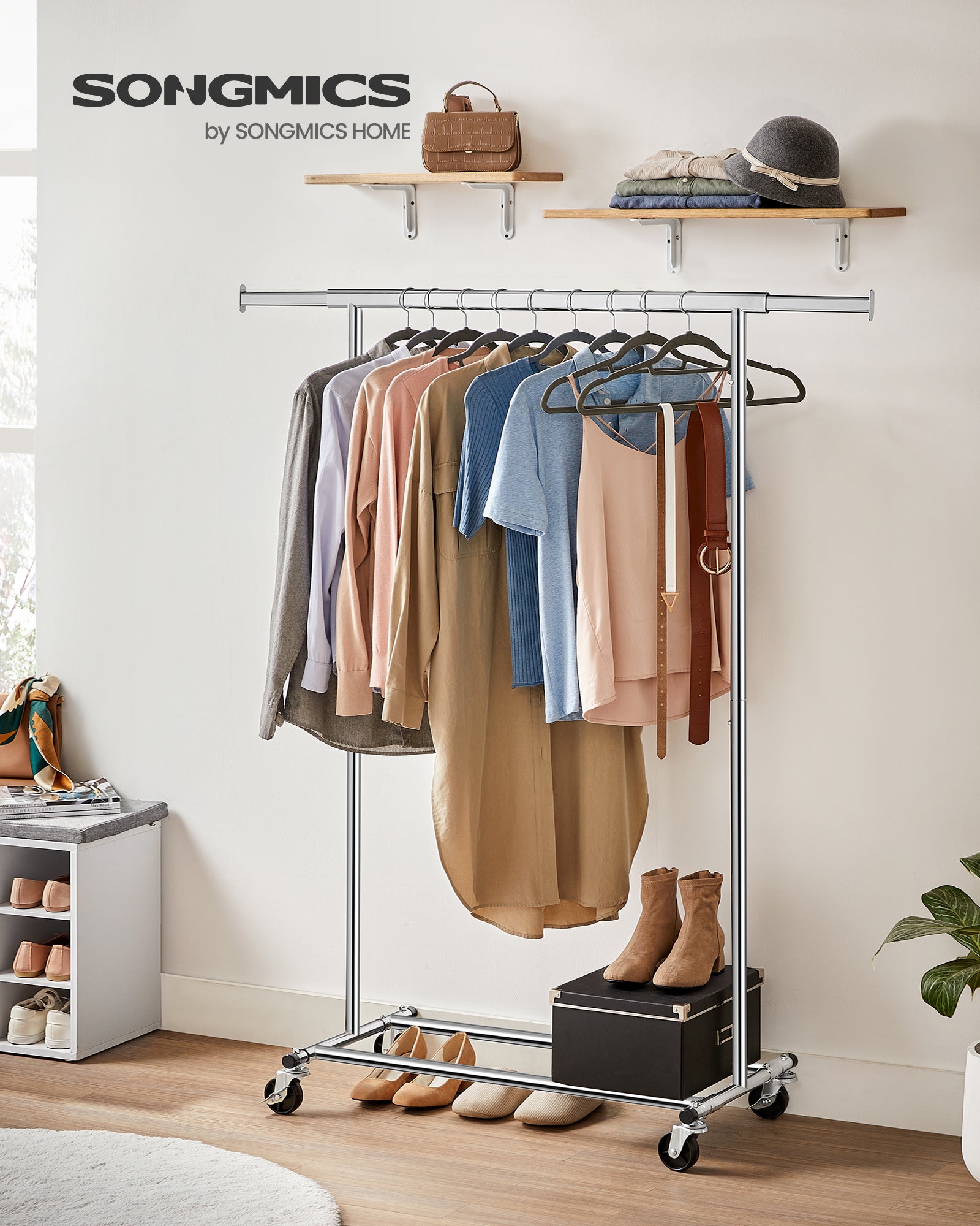 Portant à Vêtements avec Roulettes, Tringle Extensible pour Charge Lourde, Porte-manteau, Rangement Vêtement, Capacité de Charge 100 kg,Argent - 2