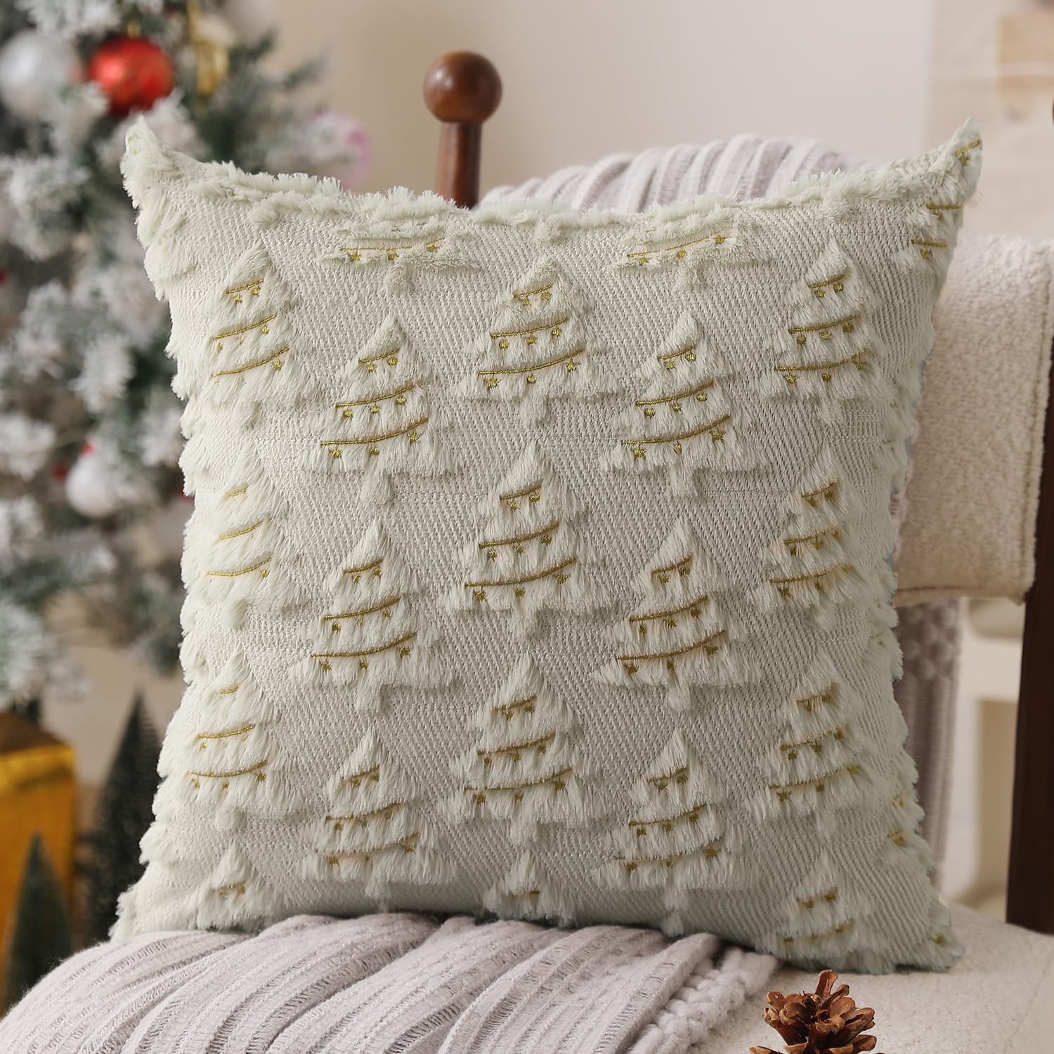 2 pezzi Copricuscini natalizi color crema 50*50 cm Federa decorativa Boho Farmhouse Federa per cuscini natalizi per divano - 3