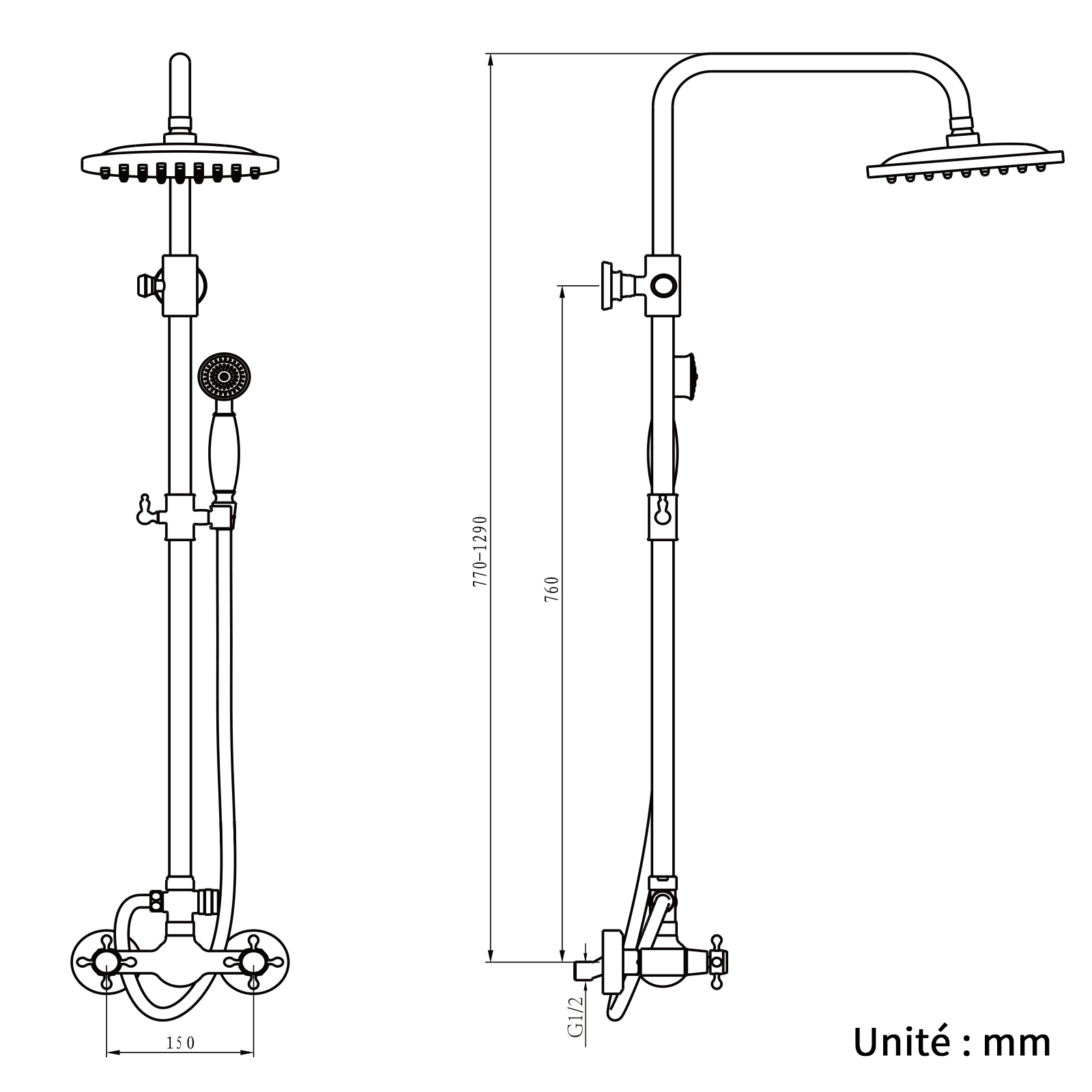 Colonne de Douche Rétro à Double Poignée en Laiton, Système de douche Antique Réglable en hauteur, Kit de Douche avec Finition Bronze - 8