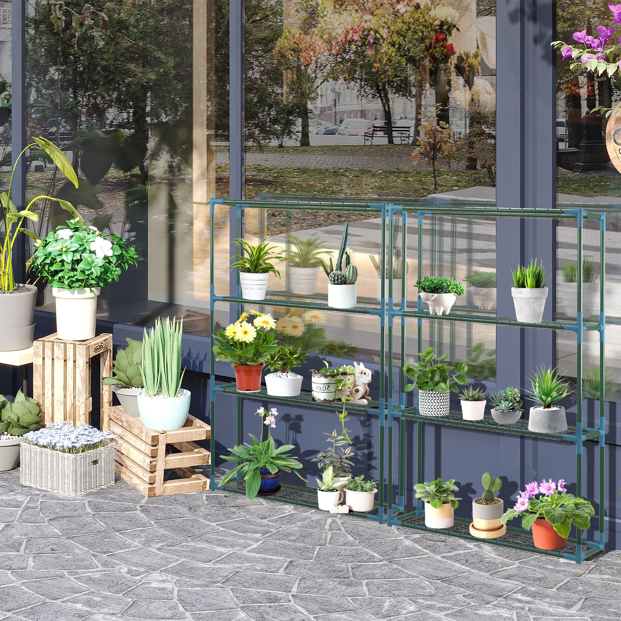 Lot de 2 Étagères à Fleurs en acier 4 Niveaux Intérieur et Extérieur. support de plantes 70 x 27 x 110 cm. vert - 4