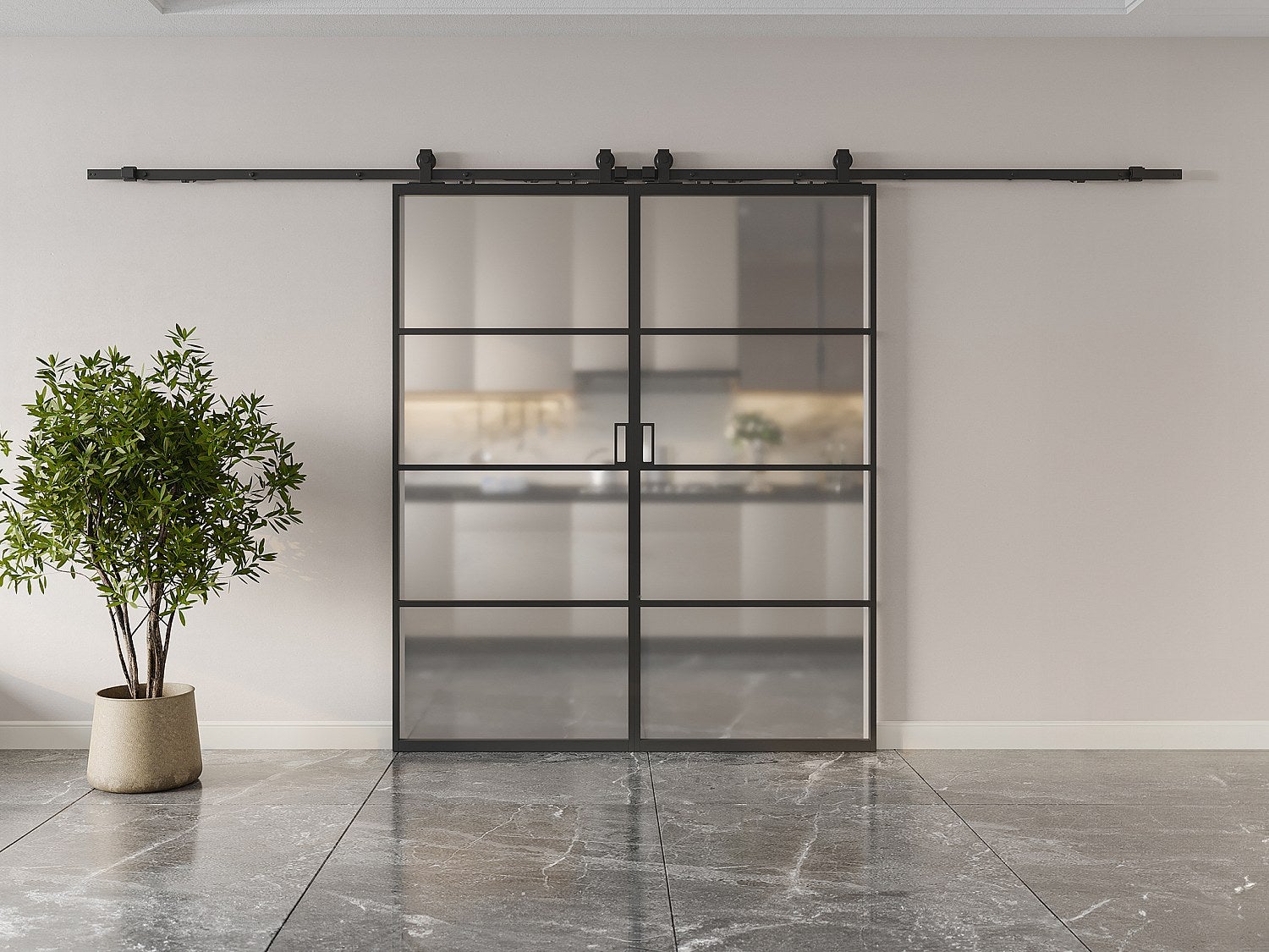 Drzwi przesuwne naścienne podwójne - aluminium i matowe szkło hartowane - 2 x wys. 205 x szer. 73 cm - SINCA II