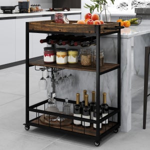 Carrello Bar 3 Livelli con Vassoio Rimovibile - Supporto Vino e Bicchieri - Marrone | Leroy Merlin