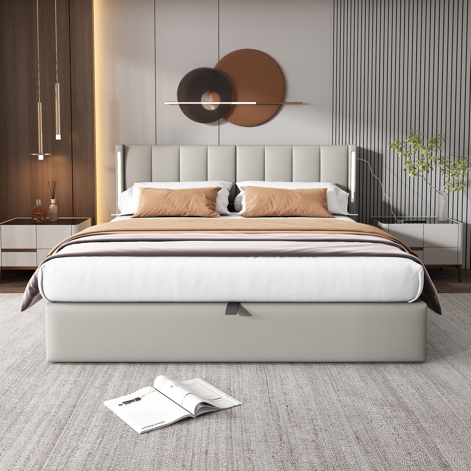 Cama contenedor tapizada en piel sintética - 160x200 cm - con puerto USB y LED - cabecero de ángulo ajustable - Gris - 2