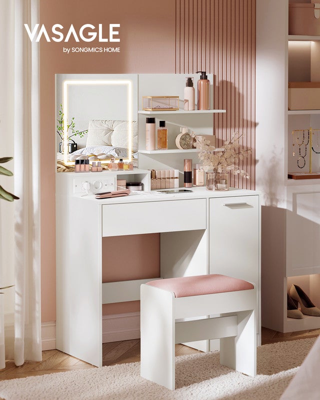 Coiffeuse avec Miroir LED, avec Multiprise, Compartiment avec 2 Étagères Réglables, 1 Tiroir, 2 Étagères, Coin Beauté, Moderne, Blanc - 2