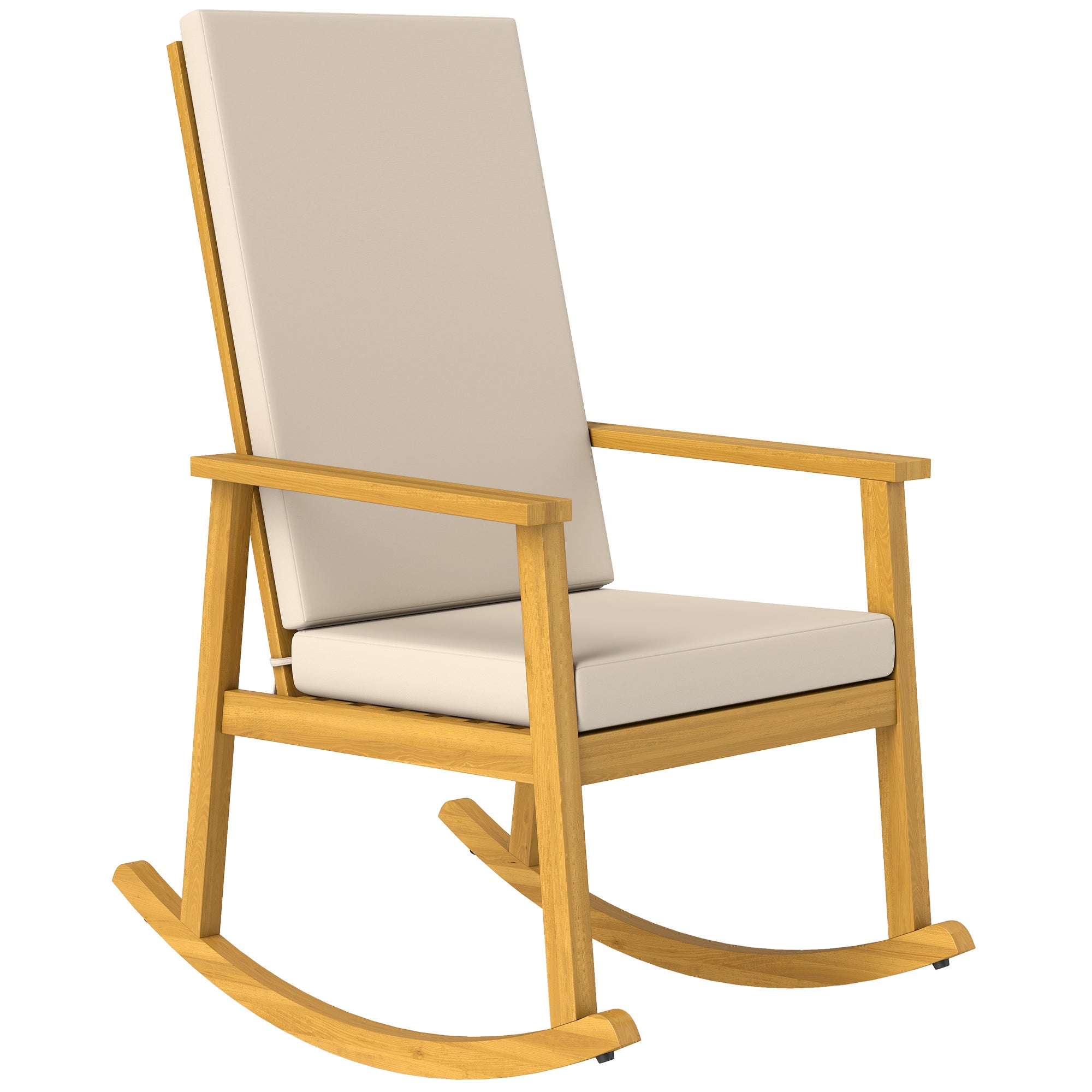 Fotel bujany z drewna akacjowego, fotel bujany z wysokim oparciem i poduszkami, do 160 kg, 60 x 89 x 107 cm, beżowy