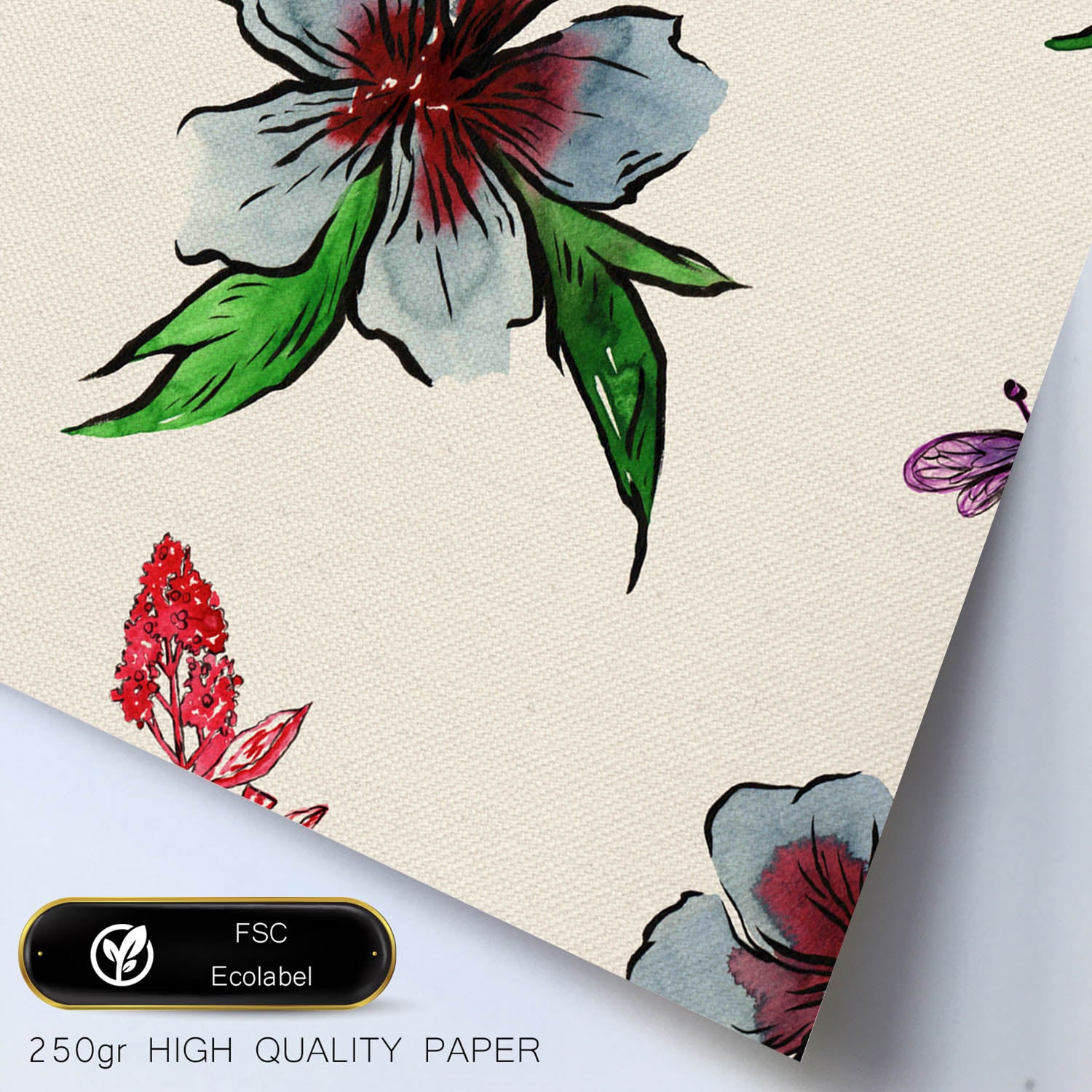 Affiche De Fleur Et De Nature. Fleur Ouverte Carrée, Illustrée De Dessins De Couleur. Cadre En Bois Clair - 2