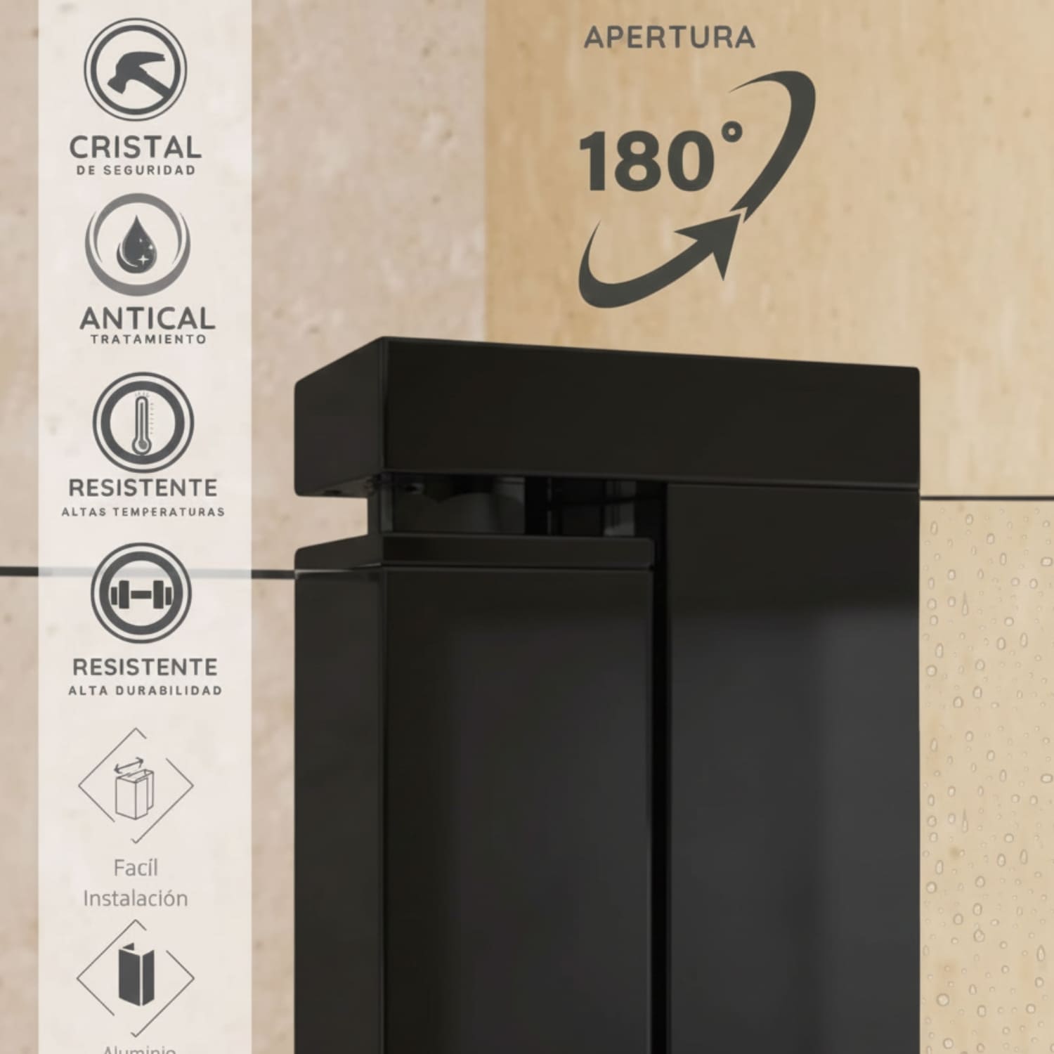 SOULHOME Mampara de ducha fijo + abatible 180º - Transparente - Cristal 8 mm Antical - Negro - Ancho 120cm (80cm fijo + 40cm abatible) – H= 200cm - 4