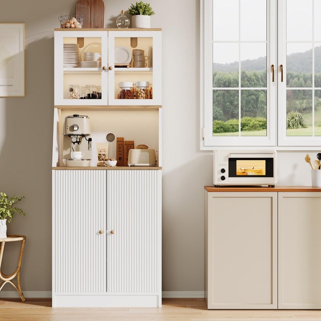 Aparador de cocina de 70 x 40 x 180 cm – Con iluminación LED regulable y hueco para microondas – Encimera de roble – MDF – Blanco