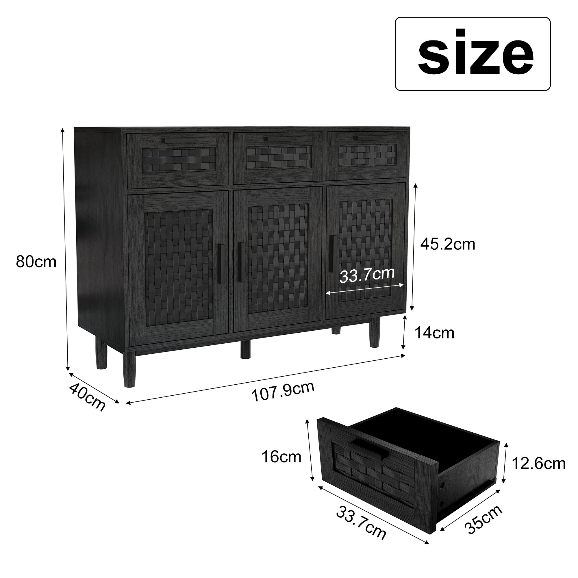 Buffet, meuble de rangement en bois noir, avec 3 portes et 3 tiroirs, meuble de rangement pour le salon, portes à motif tressé - 4