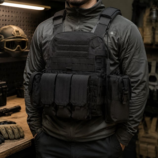 Gilet Tactique Polyvalent Noir 600D Polyester Système Libération Rapide Réglable Plaques Avant Arrière Incluses