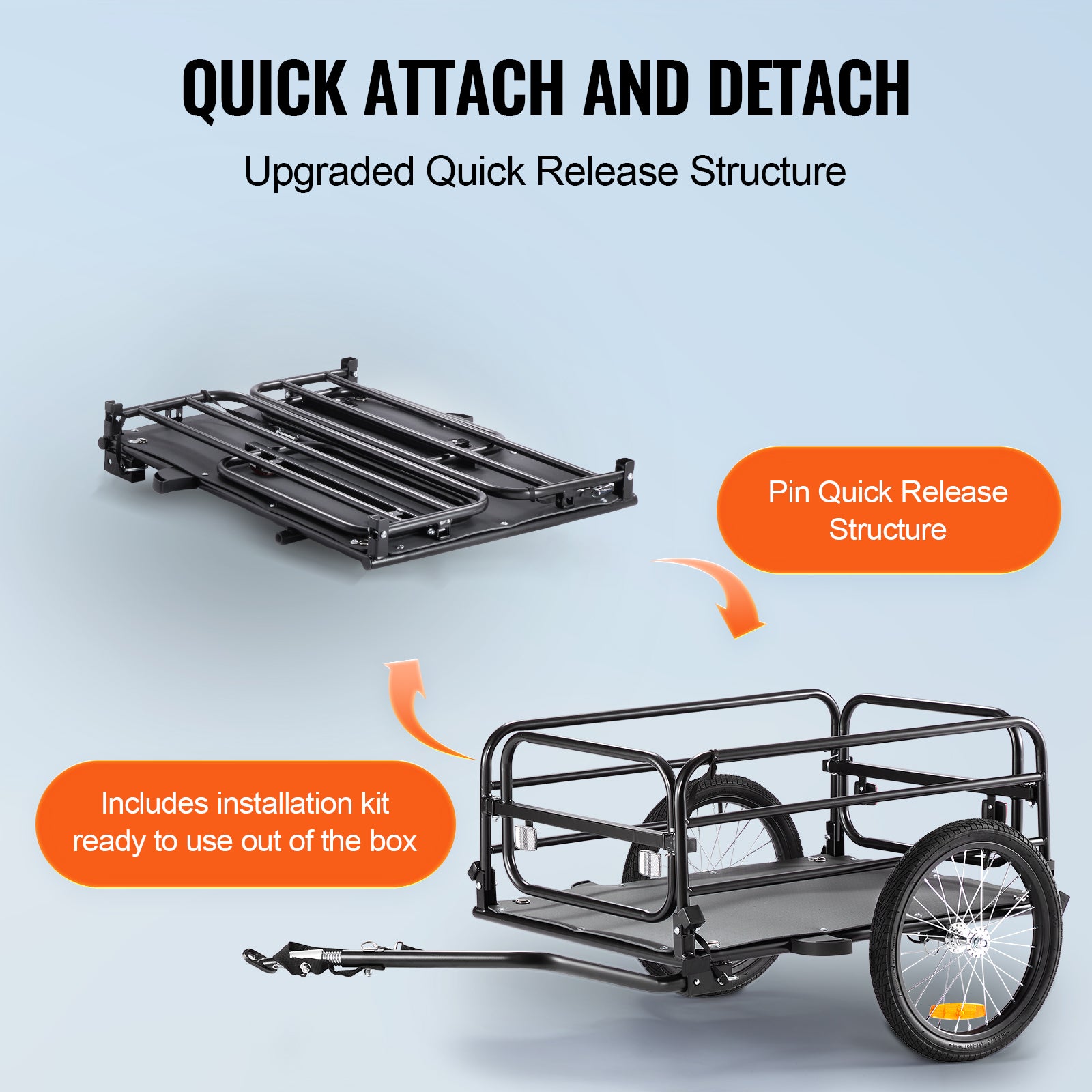 Remorque de vélo,VEVOR capacité de charge de 72,5 kg,chariot de vélo,rangement compact pliable et dégagement rapide avec attelage,roues de 406 mm, - 5