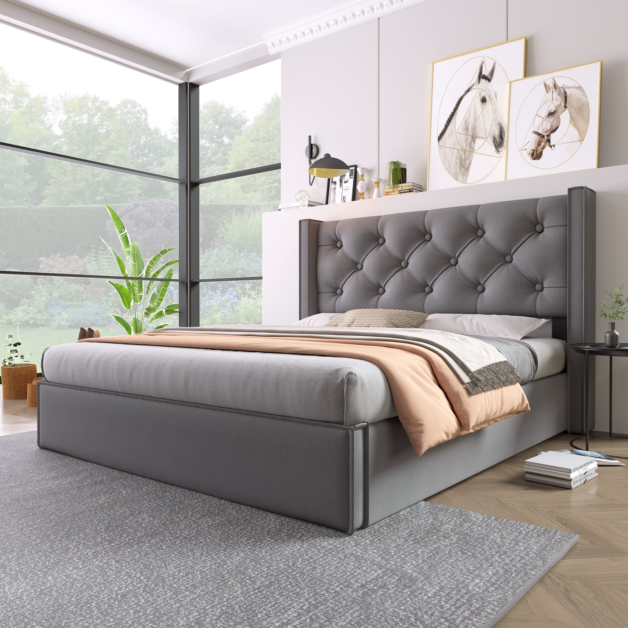 Cadre de lit double 140×200 cm avec tête de lit réglable, sommier à lattes inclus, espace de rangement sous le lit, capacité maximale de 480 kg | Leroy Merlin