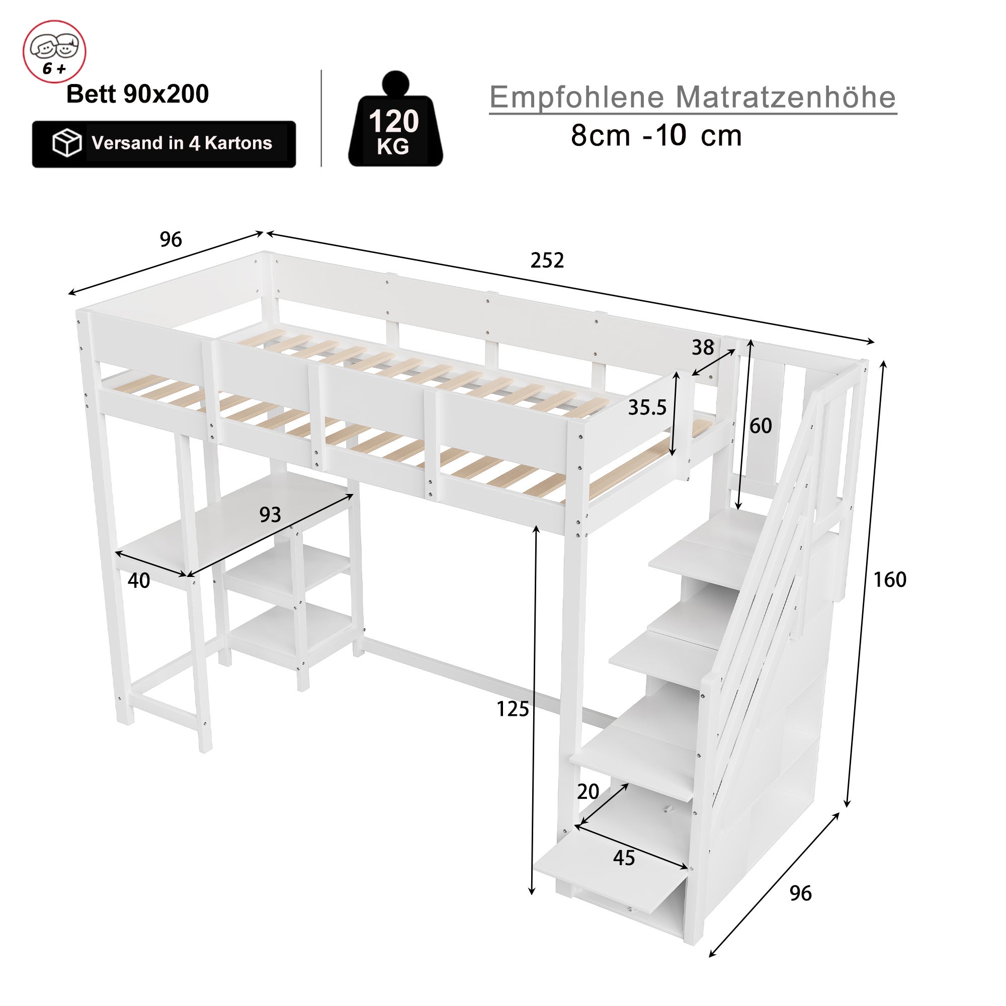 Lit Mezzanine 90x200 cm avec Bureau et étagères, Lit superposé avec Escalier de Rangement, lit Enfants avec sommier à lattes, blanc - 4