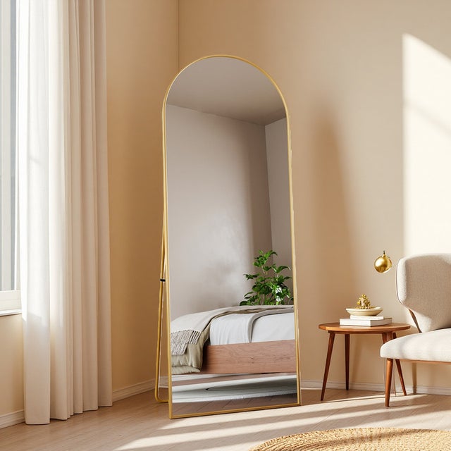 Miroir sur pied, 162x53cm, cadre en alliage d'aluminium, verre trempé, miroir arche, dorée