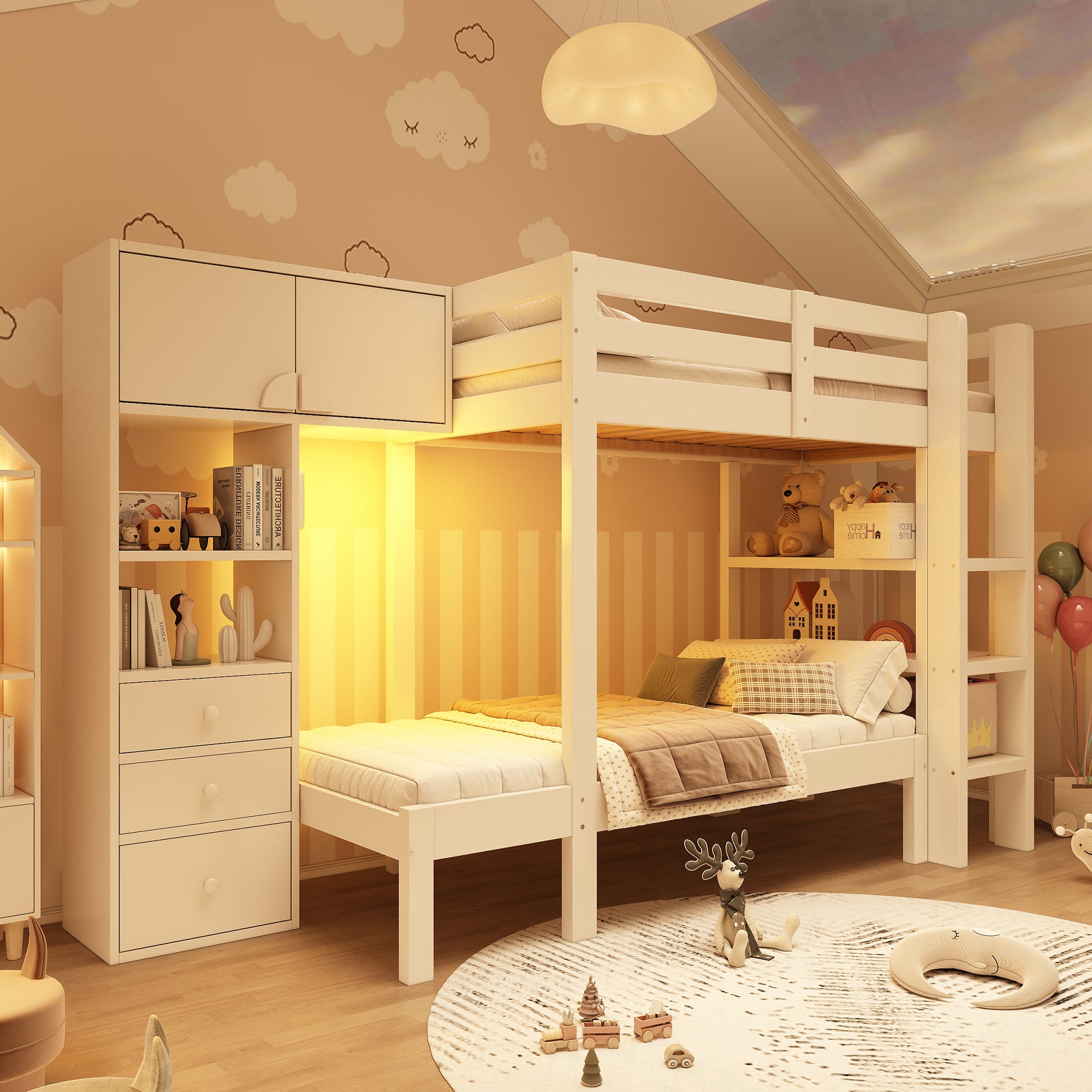 Lit Superposé Enfant 90x200 Cm, Garde-corps, Sommiers, Lit Divisé En 2 Lits Simples, Pin, Blanc - Lit Superposé - Mezzanine