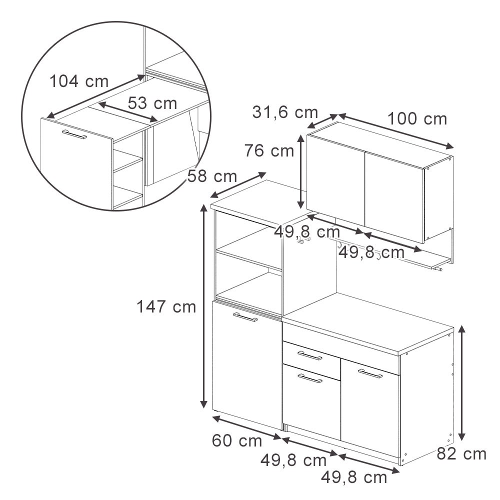 Vicco Pojedyncza kuchnia Egbert, Antracyt, 160 cm z rozkładanym stołem - 2
