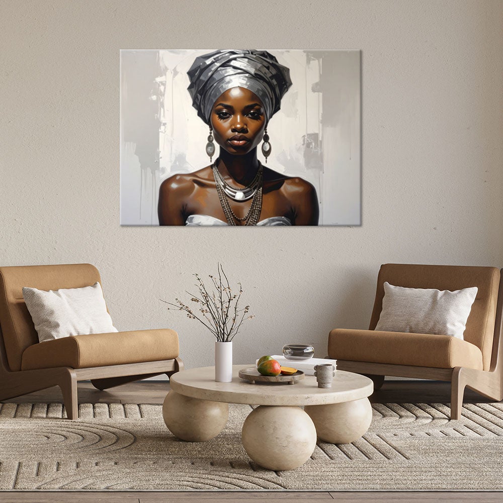 Obraz do salonu sypialni, Portret kobiety w srebrnym turbanie w stylu glamour 90x60 - 2