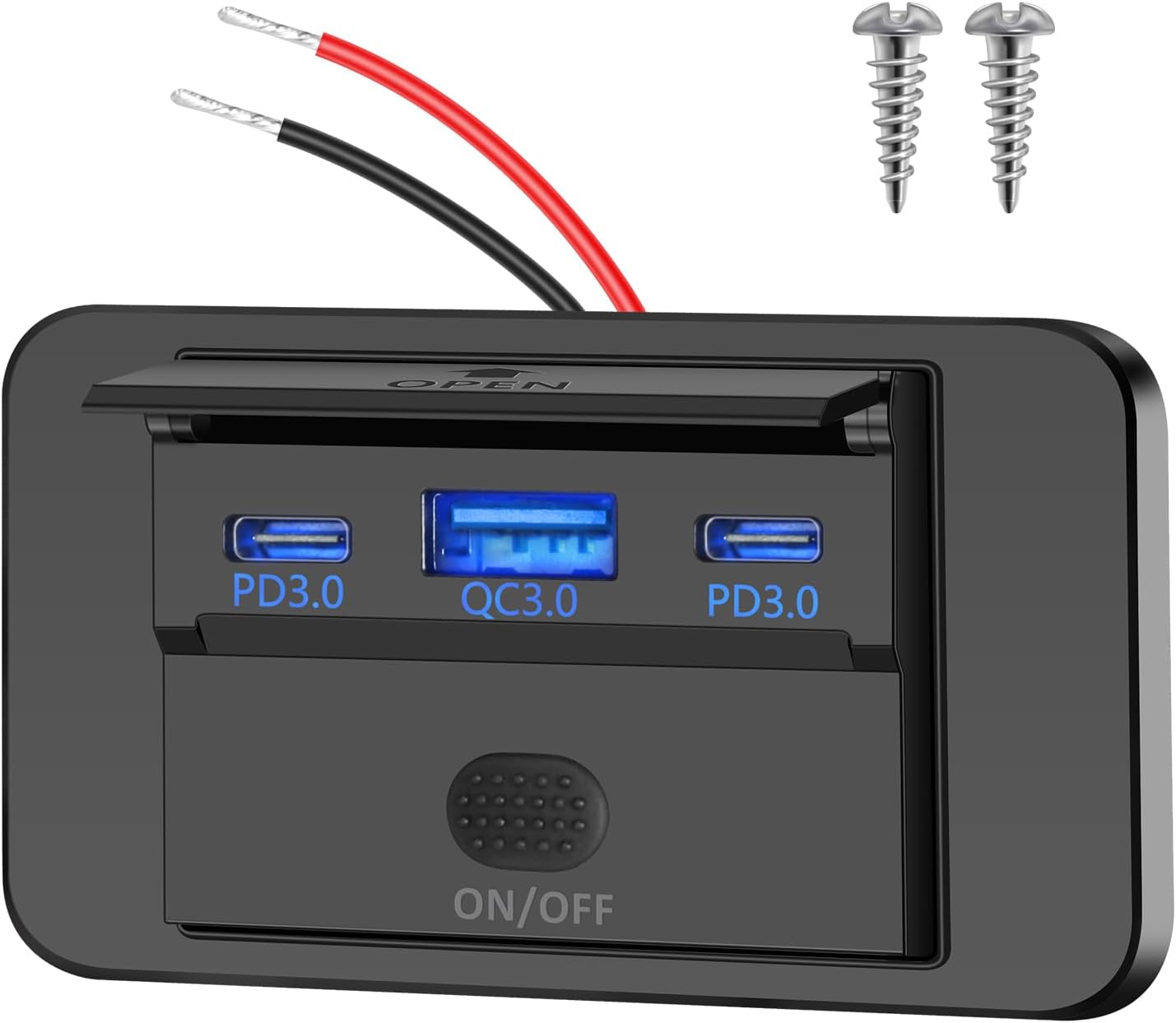 Gniazdo ładowarki USB z 3 portami, podwójna ładowarka PD3.0 USB C i QC3.0 USB A z przełącznikiem, adapter USB do kamperów, samochodów, vanów, łodzi i