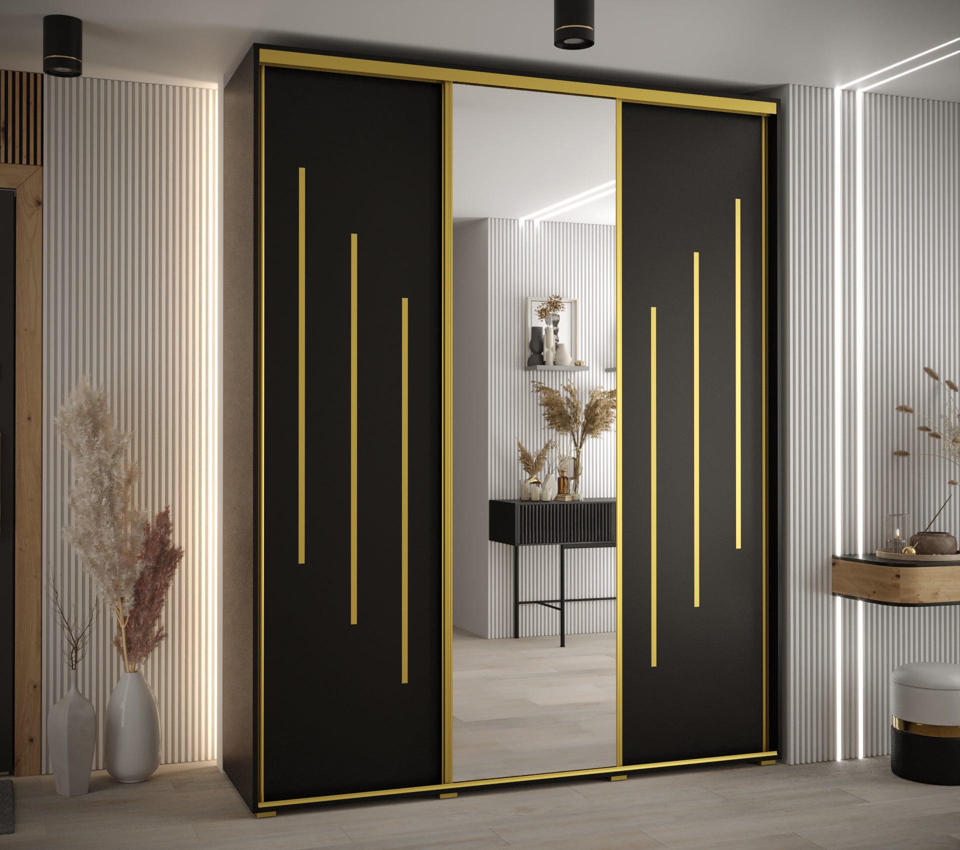 Szafa przesuwna z lustrem wysoka Davos 9 200 x 60 x 235,2 cm czarny + czarny + u. złoty - Abiks Meble